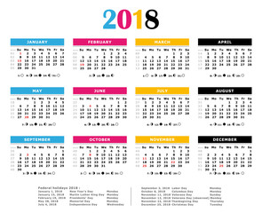 2018 yearly calendar. CMYK Print colors. Federal holidays, moon and numbers of weeks.