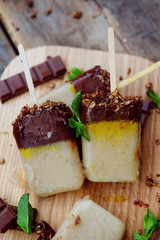 Homemade ice cream. Chocolate banana granola popsicles.