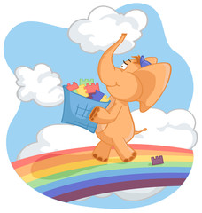 Orange elephant carries a box of toys
