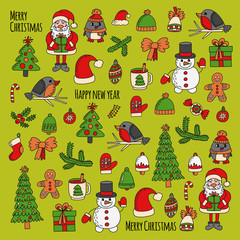 Christmas New year Santa Claus Doodle vector icons Presents Birds Christmas tree Candy Christmas bell Snowflake