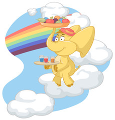 Yellow elephant carries drinks and fruits