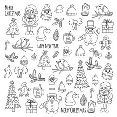 Christmas New year Santa Claus Doodle vector icons Presents Birds Christmas tree Candy Christmas bell Snowflake Coloring page