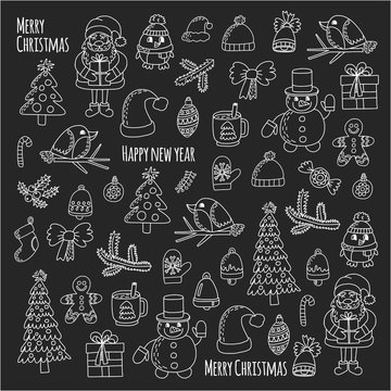 Christmas New year Santa Claus Doodle vector icons Presents Birds Christmas tree Candy Christmas bell Snowflake
