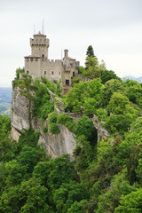 Aerial view of Cesta and The Montale on the cliff edge on Mount Titano. Second Tower. Republic of San Marino inside