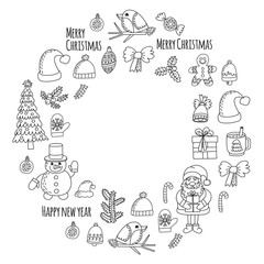 Christmas New year Santa Claus Doodle vector icons Presents Birds Christmas tree Candy Christmas bell Snowflake Coloring page