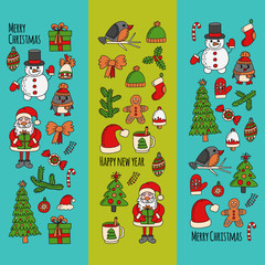Christmas New year Santa Claus Doodle vector icons Presents Birds Christmas tree Candy Christmas bell Snowflake