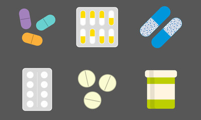 Pills and drugs icon set. Vector medicine pills collection in flat style.