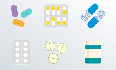 Pills and drugs icon set. Vector medicine pills collection in flat style.