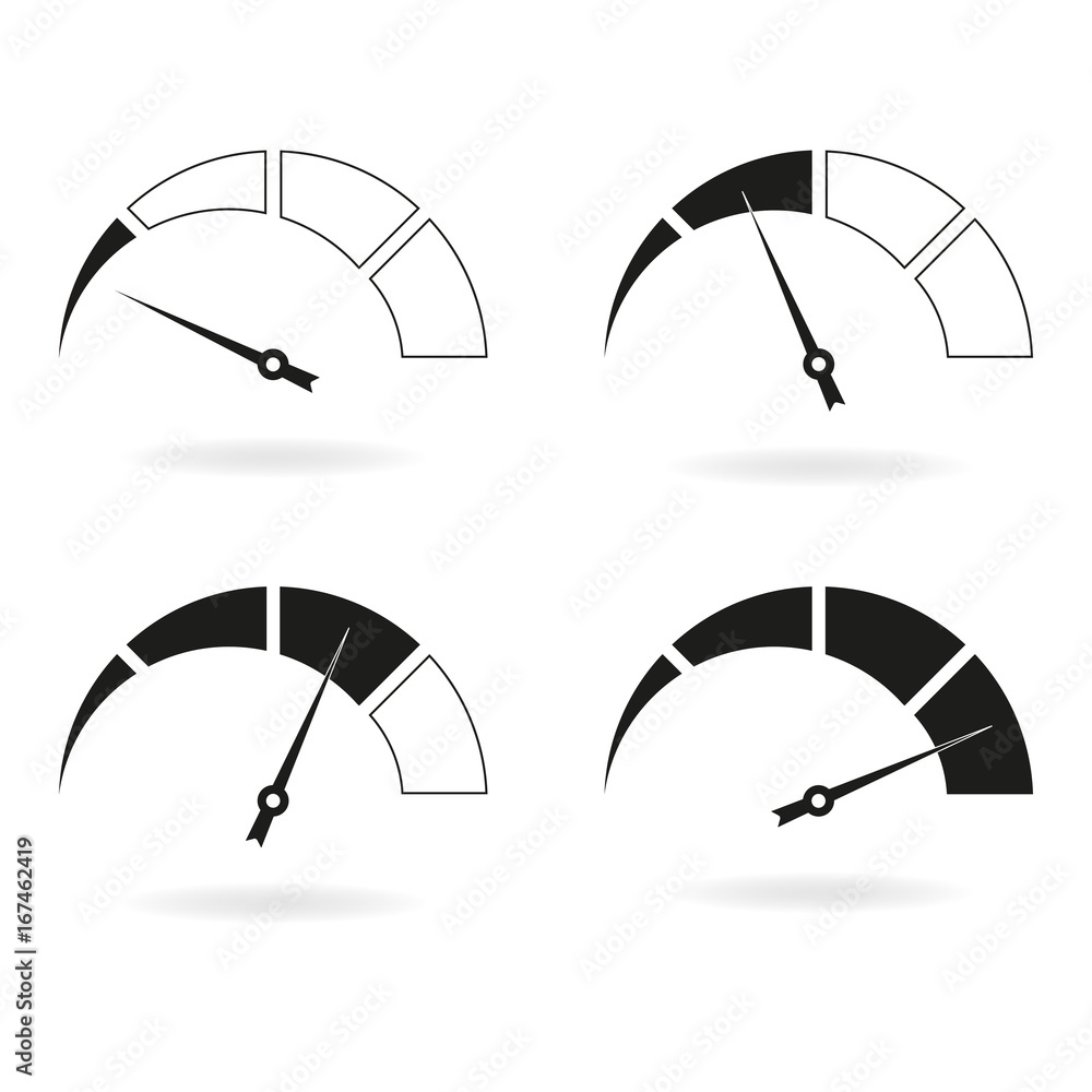 Poster speedometer icon set. meter with arrow and gauge symbol. vector illustration.