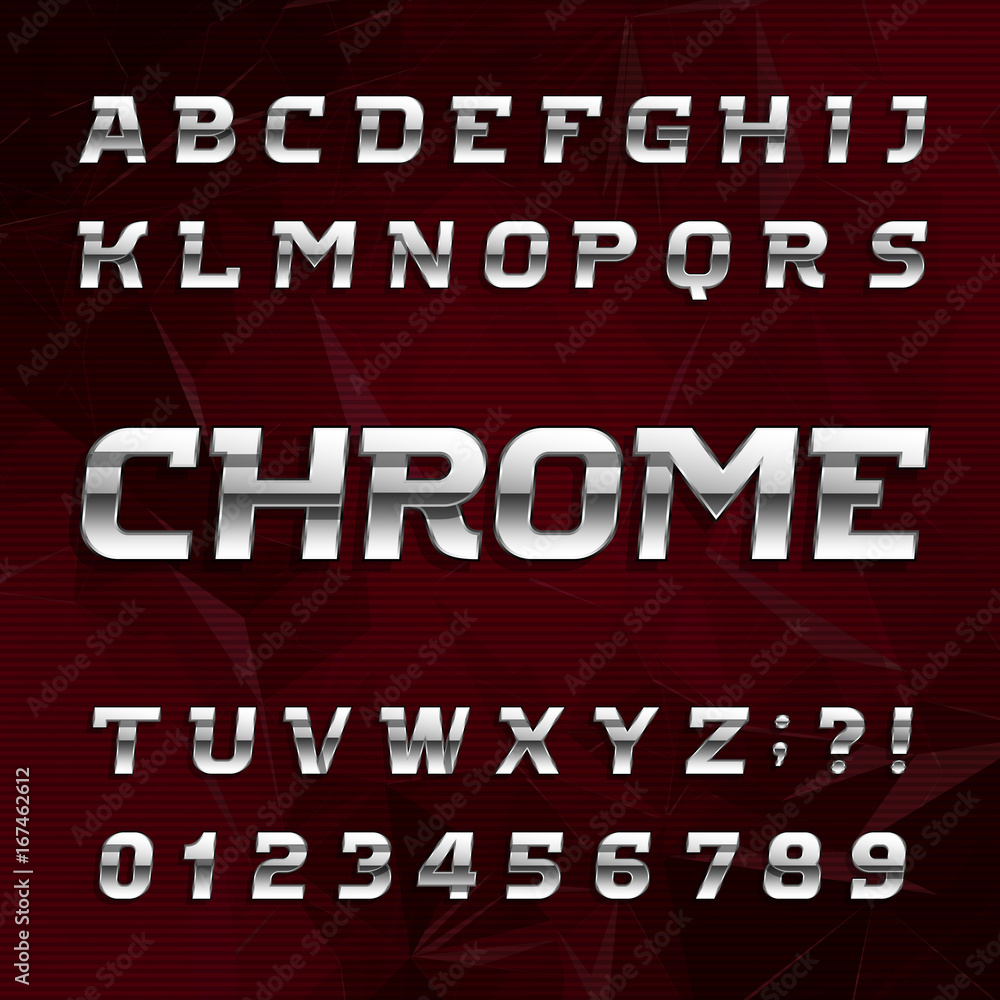 Poster chrome alphabet font. metallic effect oblique letters and numbers on an abstract background. stock v