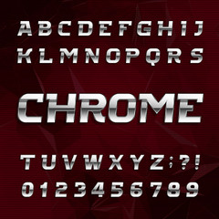 Chrome alphabet font. Metallic effect oblique letters and numbers on an abstract background. Stock vector typeface for your design.
