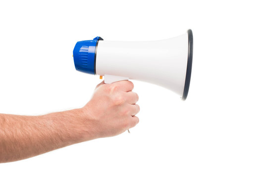 'cropped view of person holding megaphone, isolated on white