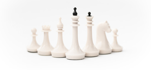 Chess pieces. Army of the white king on white background