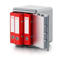 Red folders inside steel safe isolated on white background. 3D illustration