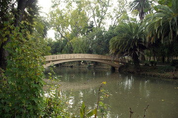 Fototapeta na wymiar Puente sobre el lago del jardín del Parque Infante Don Pedro en Aveiro, Portugal
