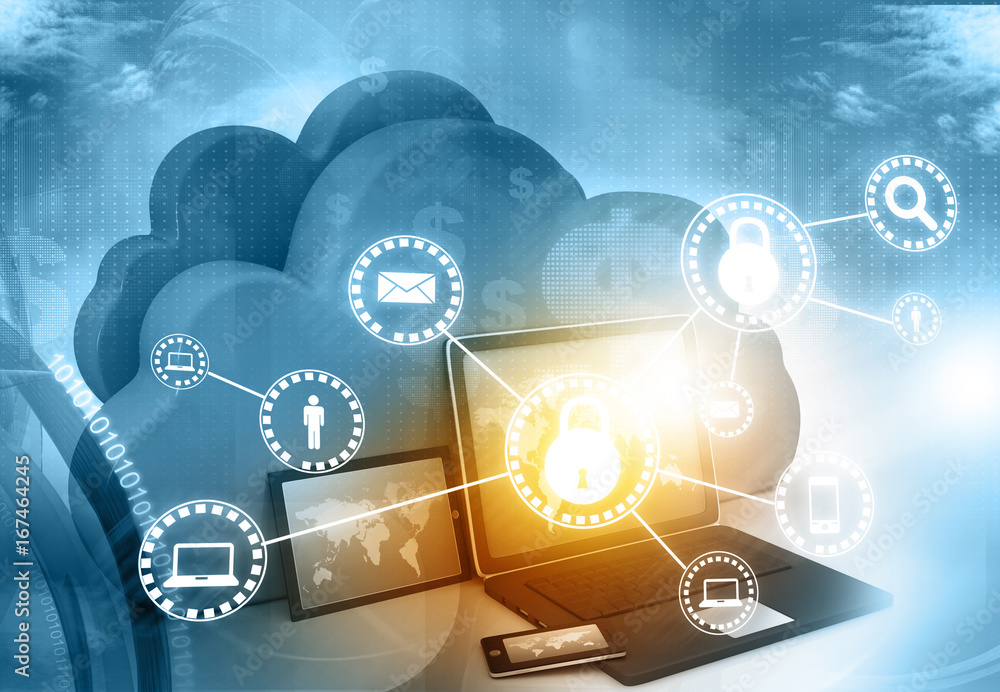 Poster cloud computing concept, global computer network. 3d illustration.