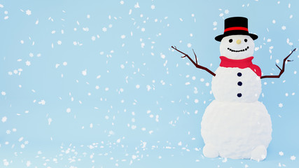 A snowman on a blue background, with a falling snow.