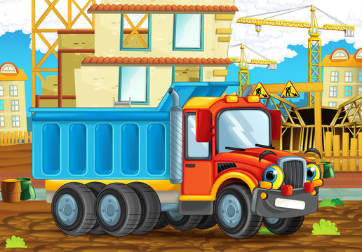 cartoon scene of a construction site with heavy truck - illustration for children