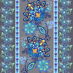 Striped seamless pattern with paisley. Floral wallpaper. Decorative ornament for fabric, textile, wrapping paper