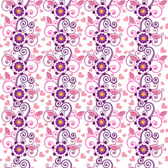 Pink striped floral ornament with hearts. Floral wallpaper. Decorative ornament for fabric, textile, wrapping paper