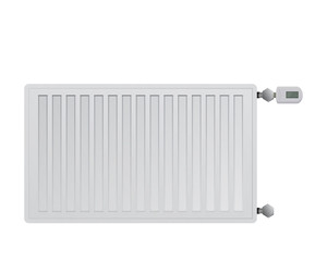 Steel panel radiator on white background. Electronic thermal head with a display. Connection to the right side.