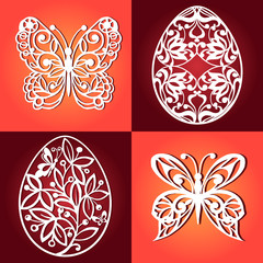 Collection of easter eggs for laser cutting. Decorative butterflies for laser cutting