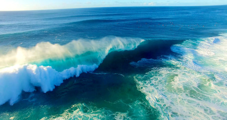 Pipeline Wave Cresting at Peak and Breaking in Whitewater Along the Coast of Oahu, Hawaii