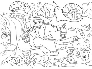Childrens coloring. Forest, a magic dwarf is picking up water in a creek