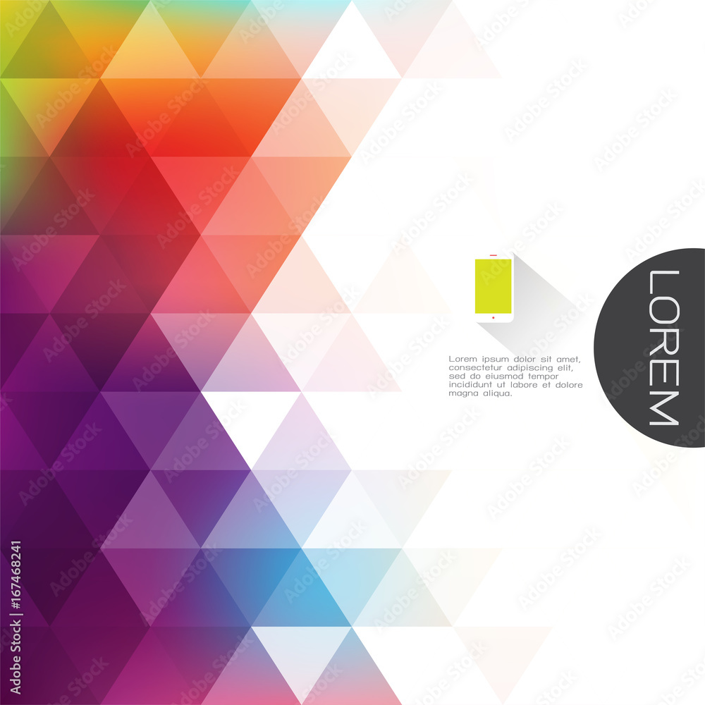 Poster colorful transparency and fade triangle background with white space on beside for text. modern backg