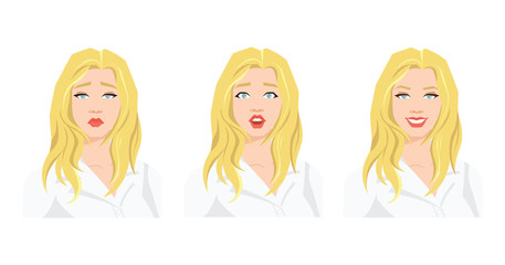 Collection of woman's emotions. Vector illustration of variations of facial expression. 