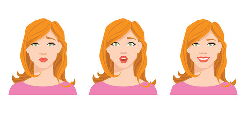 Collection of woman's emotions. Vector illustration of variations of facial expression. 