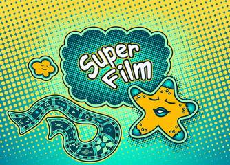 Doodle star in pop art cartoon comic retro style pointing on Speech bubble with halftone and inscription Super film for Rating or recommendation for watching a movie