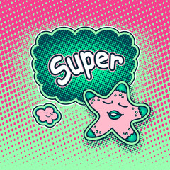 Doodle star in pop art cartoon comic retro style pointing on Speech bubble with halftone and inscription Super for Rating quality product in pink light green colors