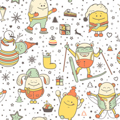 Vector Christmas seamless pattern with funny monsters, personage. Cool colorful hand drawn characters. Cartoon animals, painted doodles, Xmas and winter holidays background. Set of unusual creatures