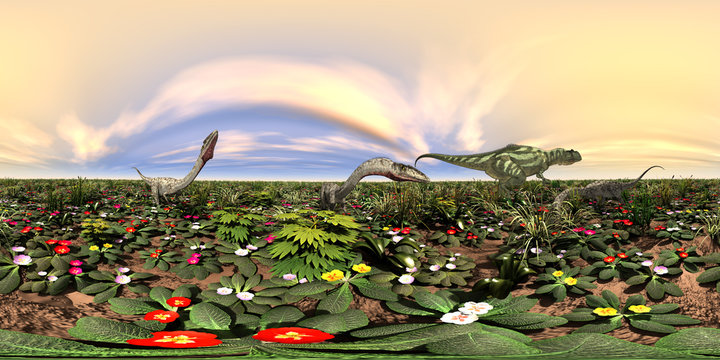 360 Grad Panorama mit den Dinosauriern Yangchuanosaurus und  Coelophysis