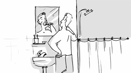 Man brushing his teeth in the bathroom. Vector sketch for cartoon, storyboard, projects