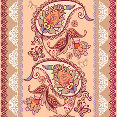 Striped seamless pattern with paisley. Floral wallpaper. Decorative ornament for fabric, textile, wrapping paper. Traditional oriental seamless paisley pattern in pastel colors