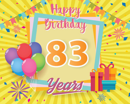 color full 83 rd birthday celebration greeting card design vector, birthday party poster background with balloon, gift box and confetti. eighty three anniversary celebrations