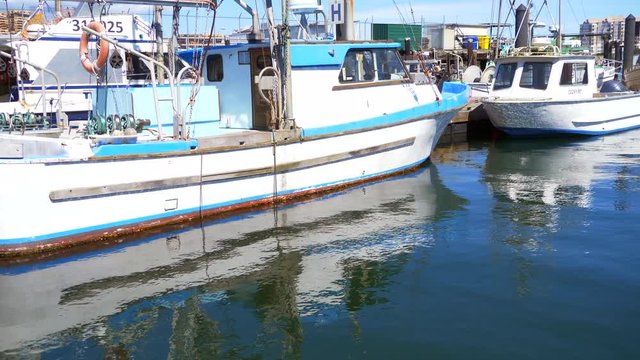 4K Beautiful Water Reflection, Fishing Boat Moored at Dock, Sailing Background