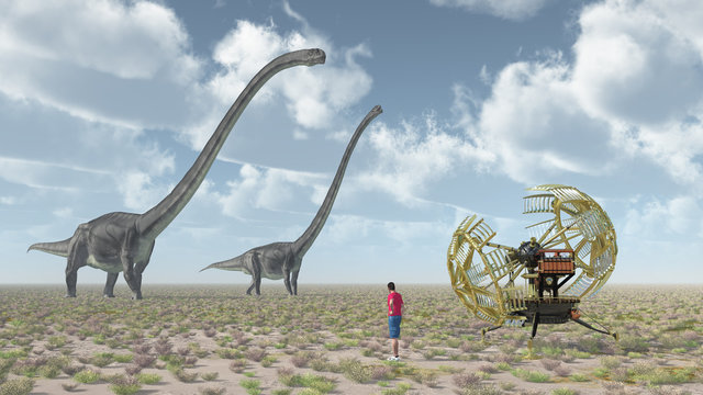 Zeitreisender, Zeitmaschine und der Dinosaurier Omeisaurus