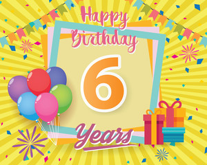 color full 6 th birthday celebration greeting card design vector, birthday party poster background with balloon, gift box and confetti. six anniversary celebrations