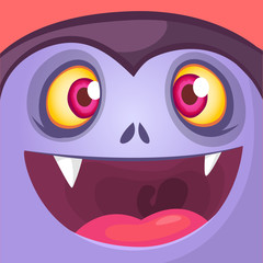 Cartoon Dracula Face.  Cute square avatar or icon. Halloween illustration. Monster Card - Vampire.