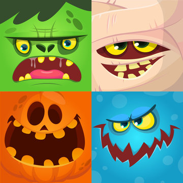 Cartoon monster faces vector set. Cute square avatars and icons. Monster, pumpkin face, mummy, zombie