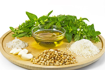 Ingredients for Pesto Genovese, basil, garlic, salt, parmesan cheese, pine nut