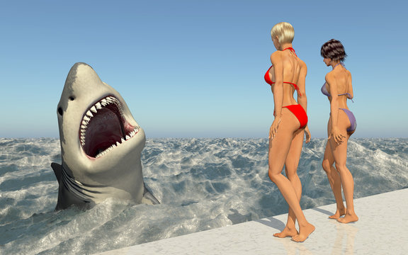 Attraktive Frauen im Bikini beobachten einen weißen Hai