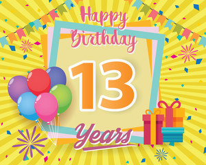 color full 13 th birthday celebration greeting card design vector, birthday party poster background with balloon, gift box and confetti. thirteen anniversary celebrations