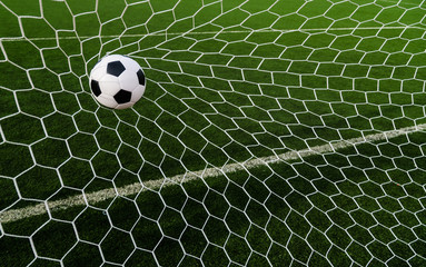 Soccer football in Goal net with green grass field.