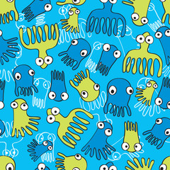 seamless blue octopus and jellyfish pattern vector illustration