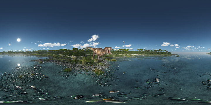 360 Grad Panorama mit dem Dinosaurier Tyrannosaurus Rex am Meer