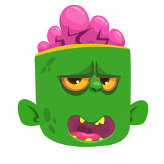 Green zombie's head with brains. Isolated on white background.